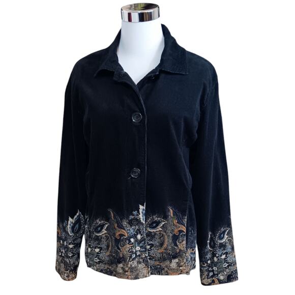 CHICO'S‎ 2 Artsy Corduroy Jacket L Black Lined Pockets Painted Plants Leaves - Picture 3 of 10